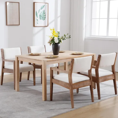 Miniatura 9 de RIVOVA Juego de 2 sillas de comedor de lino, cómodas sillas de cocina tapizadas con patas de madera, sillas de cocina modernas de mediados de siglo