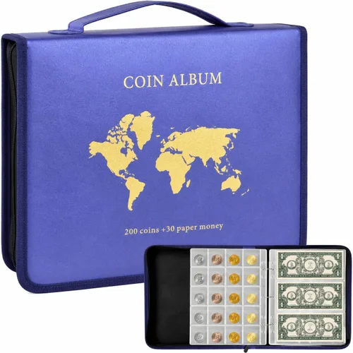 Miniatura 7 de ANKHOH Soporte para libros de colección de monedas con cremallera para coleccionistas, 200 bolsillos para monedas y 30 fundas para billetes, de piel