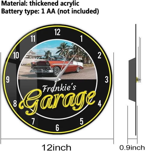 Miniatura 2 de Reloj de pared de garaje de 12 pulgadas con imagen personalizada con nombre, reloj de pared vintage para amantes de los autos, funciona