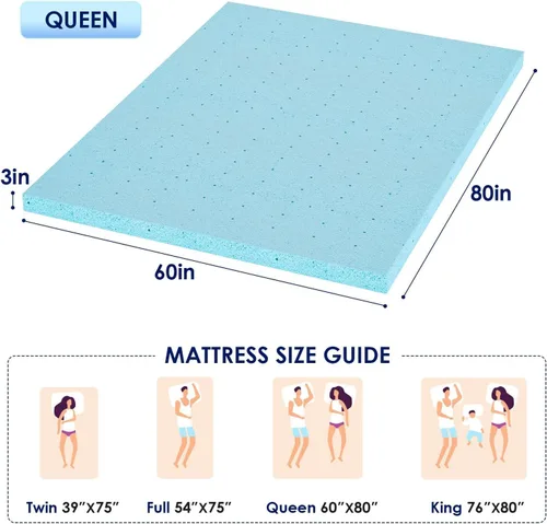 Miniatura 8 de BLKMTY Cubrecolchón tamaño Queen, colchón de espuma viscoelástica ventilada de 3 pulgadas, colchón de memoria de gel, transpirable, suave, en una