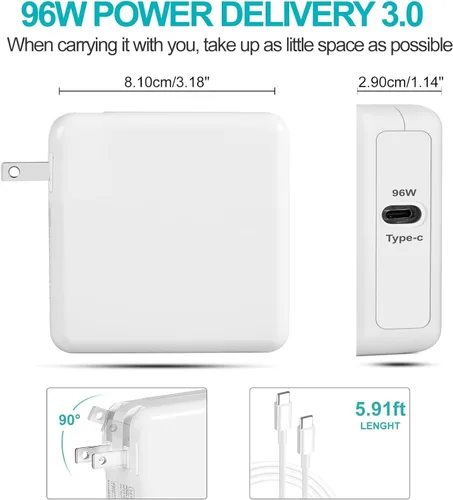 Miniatura 2 de Cargador USB C para MacBook Air/MacBook Pro/Mac Cargador USB C Cargadores de laptop, Bloque de carga Mac Book Pro de 96 W, adaptador de corriente