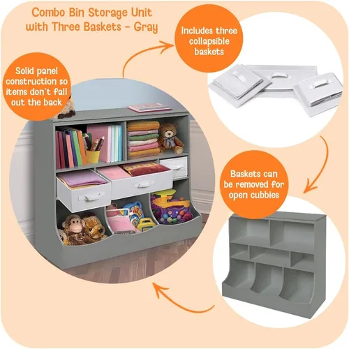 Miniatura 4 de Badger Basket Combo Bin Unidad de almacenamiento de juguetes y estante para libros para niños con 3 cestas - Gris