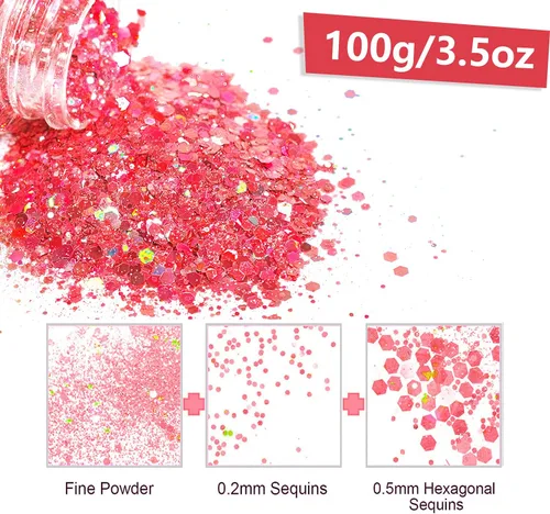 Miniatura 2 de HEMOER - Purpurina rosa, 100g/3.5oz, lentejuelas holográficas gruesas mixtas de hexágono y copos finos con brillo iridiscente para manualidades