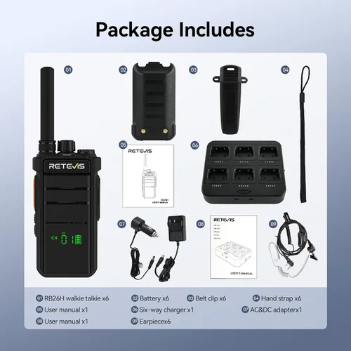 Miniatura 9 de Retevis RB26H Walkie Talkies de largo alcance con auricular, radio de 2 vías con cargador de 6 vías, pantalla oculta, 21 horas, NOAA, capacidad