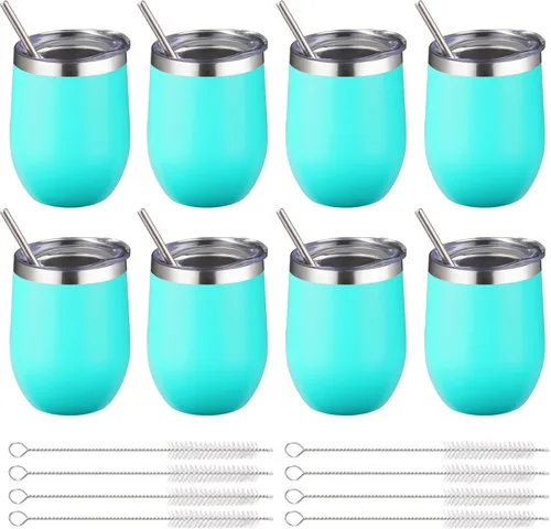 Miniatura 16 de Vaso de vino aislado de 12 onzas con tapa y pajita, vaso de vino de acero inoxidable sin tallo de doble pared, vaso de vino al vacío a granel