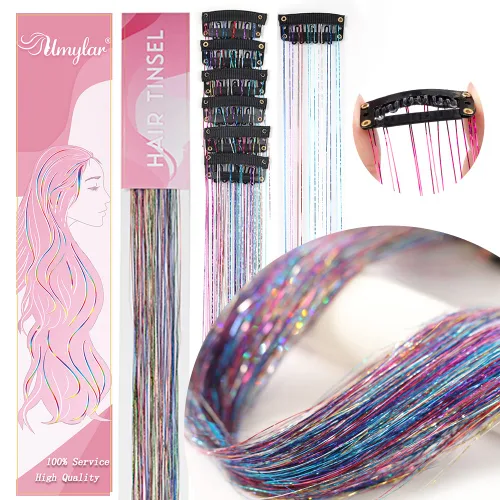 Miniatura 2 de Paquete de 12 piezas de accesorios para el cabello con purpurina colorida de 20 pulgadas, extensiones de oropel con clip, accesorios para el cabello