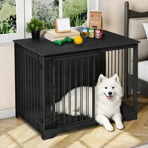 Miniatura 21 de Hzuaneri Mueble de jaula para perros de 31.9 pulgadas con puerta de granero, perrera resistente para interiores con 2 puertas, mesa auxiliar