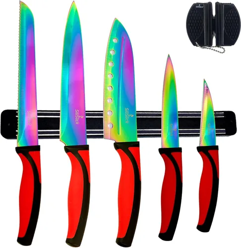 SiliSlick Juego de cuchillos de cocina, 5 cuchillos coloridos aptos para lavavajillas, afilador de cuchillos y barra de pared magnética, chapado en