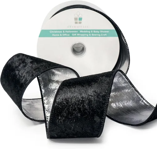 Miniatura 3 de Cinta de terciopelo negro con alambre y respaldo metálico plateado de 2.5 pulgadas x 10 yardas para adorno de la punta del árbol de Navidad