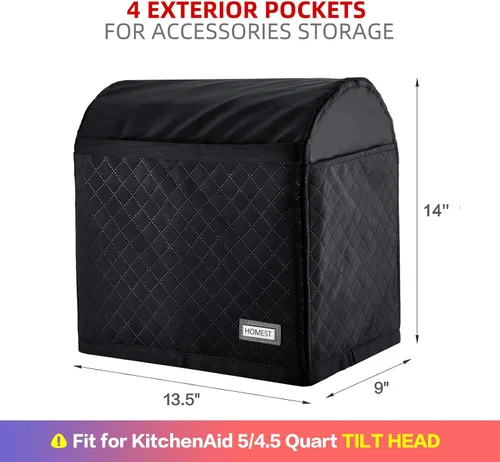 Miniatura 3 de HOMEST Funda Acolchada Antipolvo para Batidora de Pie con Bolsillos Compatible con KitchenAid de 5/4.5 Cuartos de Galón Cabezal Inclinable, Negro
