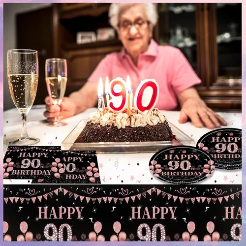 Miniatura 6 de 41 piezas de decoraciones de 90 cumpleaños para mujeres, platos y servilletas de 90 cumpleaños en negro y oro rosa, juego de vajilla de feliz