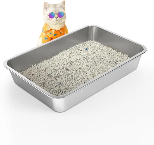 WENBOKMIN Caja de arena para gatos de acero inoxidable, caja de arena poco profunda de 4 pulgadas para gatos y gatitos mayores, bandeja de arena de