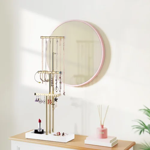 Miniatura 3 de Love-KANKEI Organizador de joyas colgante con base de metal y madera, soporte para collar con árbol de 3 niveles soporte para joyas para pulseras