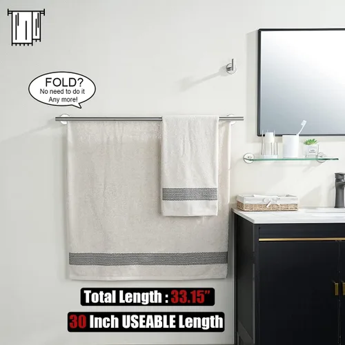 Miniatura 3 de JQK Barra para toallas de baño doble, 33 pulgadas de acero inoxidable 304 engrosado 0.8mm para baño, montaje en pared con acabado cepillado, 30