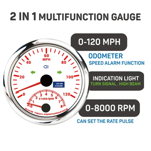Miniatura 3 de RACETECH - Juego de 5 medidores 85 mm (3-3/8") 2 en 1 velocímetro GPS 120 MPH tacómetro 8000 RPM indicador de luz y odómetro - 52 mm (2-1/16")