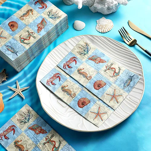 Miniatura 2 de Seajan 200 servilletas náuticas de papel de mar costero, conchas azules, toallas desechables para invitados para baño, decoración de estrellas