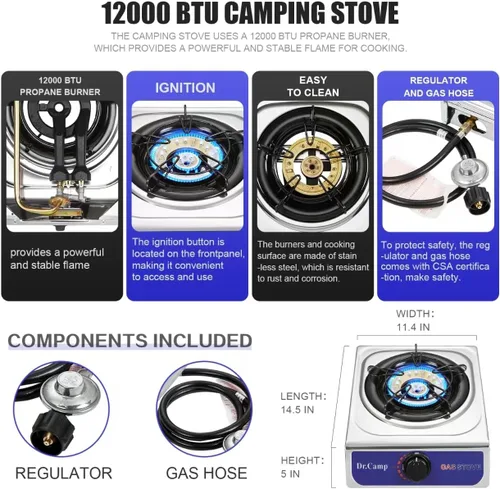 Miniatura 6 de Dr.Camp 12000 BTU Estufa de Propano de Encendido Automático Único para Acampar, Jardín, Exteriores, Campamento, Senderismo, Pesca, Cocina