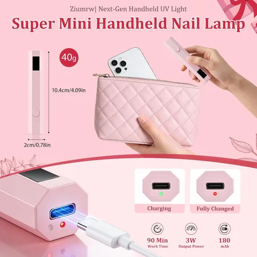 Miniatura 8 de Luz de uñas UV de mano con soporte, mini lámpara de uñas de mano con pantalla LED, lámpara de uñas recargable de curación flash, ajustes