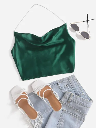 Miniatura 5 de SheIn Camiseta corta de satén con cuello halter y espalda fruncida para mujer