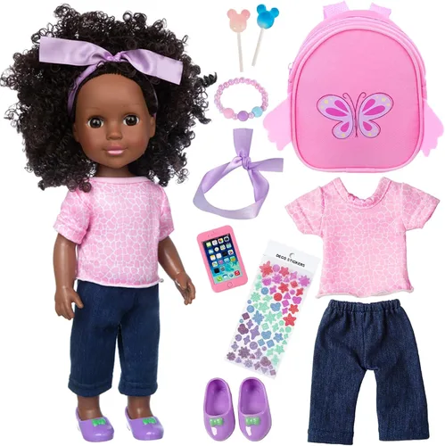 Miniatura 9 de Ecore Fun Muñeca Negra de 14 Pulgadas con Accesorios de Ropa para Muñeca Bebé Negra – Incluyendo Vestido, Blusa, Falda, Zapatos, Peine, Espejo