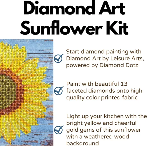 Miniatura 2 de DIAMOND ART BY LEISURE ARTS Kits de pintura de diamantes para adultos de 8 x 8 pulgadas, girasol principiante, taladro completo, kits de arte