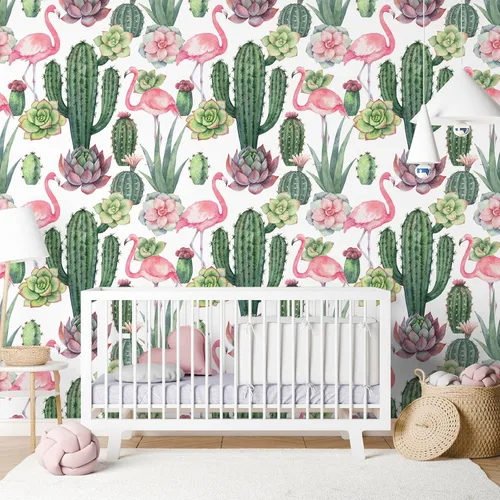 Miniatura 4 de VEELIKE Flamingos Cactus - Papel tapiz autoadhesivo para despegar y pegar de 17.7 x 118 pulgadas, diseño floral suculento verde tropical
