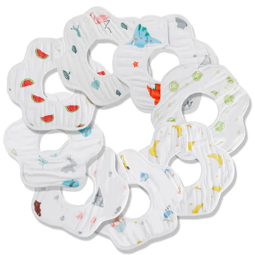 Miniatura 9 de Paquete de 8 baberos de algodón orgánico con rotación de 360°, baberos de muselina para recién nacidos para dentición y babeo, baberos unisex
