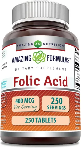 Amazing Formulas - Ácido fólico (vitamina B9) de 400 mcg, suplemento de tabletas, sin OMG, sin gluten, fabricado en Estados Unidos (1 paquete, 250