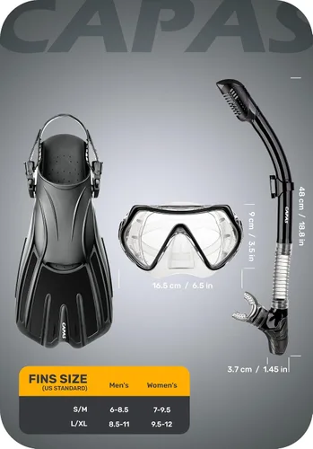 Miniatura 6 de CAPAS Snorkel Mask Fins Set, Travel Size Snorkeling Gear for Adults with Adjustable Fins, Diving Mask and Dry Top Snorkel, Come with a Carrying Bag