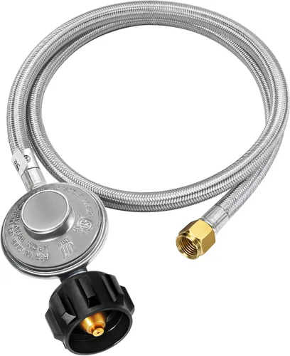 GasSaf Regulador de propano trenzado de acero inoxidable de 12 pies con manguera, reemplazo universal del regulador de parrilla para regulador de