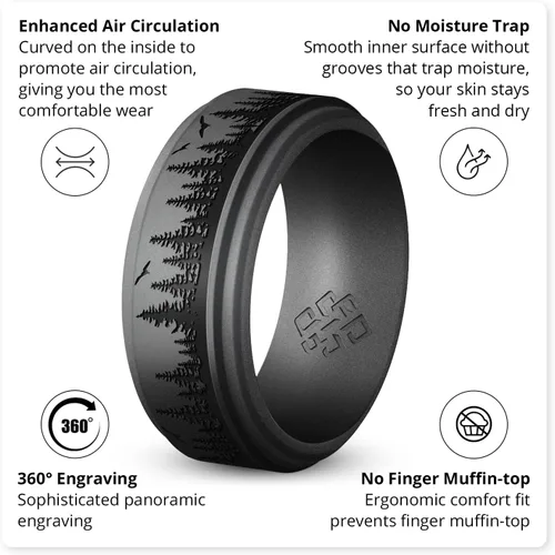 Miniatura 17 de Knot Theory Anillo de silicona para hombre, grabado de montaña, ondas, bosque, ancho de banda de 0.315 pulgadas, transpirable, ajuste cómodo