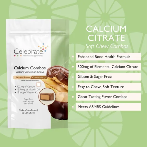 Miniatura 2 de Celebrate Vitamins Bariatric 500mg Citrato de Calcio Masticables Suave Combo con 500 UI de Vitamina D3 – Esencial para pacientes con bypass gástrico