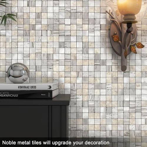 Miniatura 4 de BeNice Adhesivos de pared autoadhesivos de metal para cocina, para despegar y pegar, cuadrado gris (madera rústica, gris, 10 hojas)