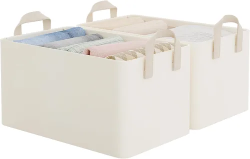 StorageWorks Closet Storage Bins, Storage Baskets for Shelves, Closet Organizers and Storage Bins with Metal Frame, Handles, Beige, Cool Silky