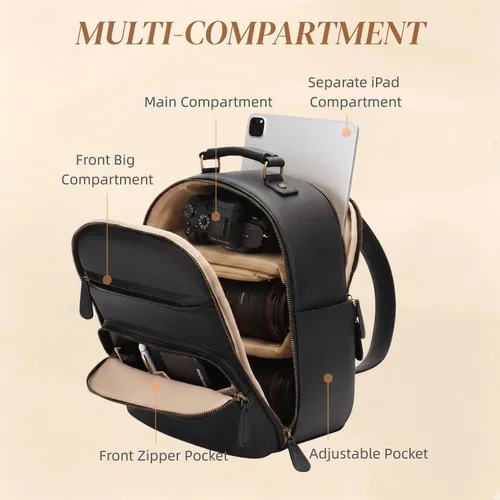 Miniatura 7 de Mochila pequeña para cámara clásica de cuero PU para DSLR, bolsa profesional para fotógrafos con compartimento para almohadilla/tableta de 11