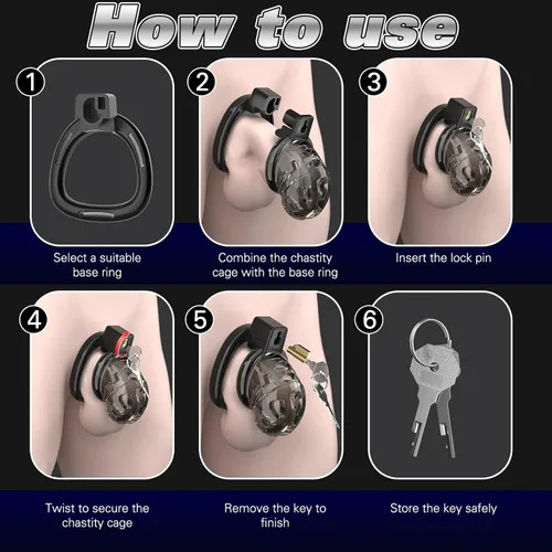 Miniatura 5 de Dispositivo de jaula de castidad masculina, jaula de silicona suave con 6 anillos de tamaño, correas ajustables, bloqueo de pene ligero, control
