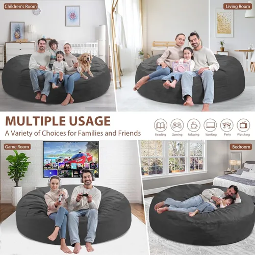 Miniatura 352 de Puf de 5 pies, puf grande con relleno de espuma viscoelástica, sofá puff esponjoso con funda de terciopelo holandés, puf redondo para sala de estar