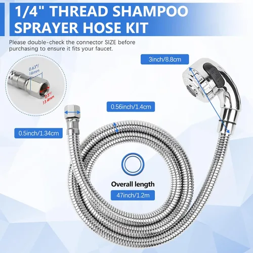 Miniatura 6 de Kit de manguera de rociador para cuenco de champú de 1/4" con tuerca, reemplazo de manguera de fregadero de acero inoxidable para salón de belleza