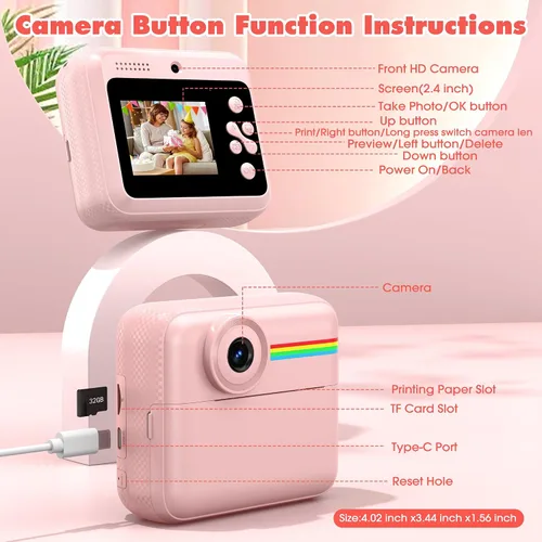 Miniatura 8 de Cámara para niños, impresión de fotos instantánea, cámaras duales de video digital HD para niños pequeños, cámara digital para niños que imprimen