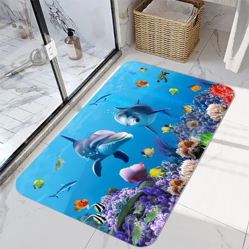 Miniatura 4 de LYFANS Alfombras absorbentes y antideslizantes para uso en cocina y baño, alfombrillas modernas de arte azul con delfín en 3D (61x41 cm)