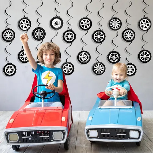 Miniatura 5 de 60 piezas de decoración de fiesta de cumpleaños de autos de carreras, adornos colgantes de remolinos de neumáticos de carreras, suministros
