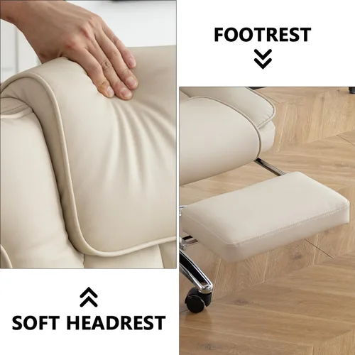 Miniatura 4 de Silla de oficina de piel sintética totalmente reclinable y cómoda silla de oficina grande y alta, 500 libras con reposapiés, ruedas y brazos Beige