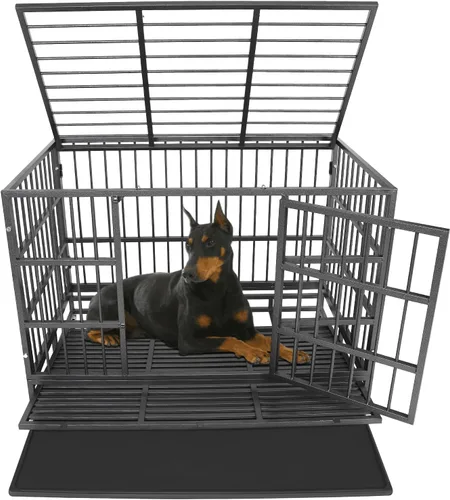 Miniatura 12 de Jaula indestructible para perros, 47 pulgadas, jaula para perros de alta ansiedad con bandejas extraíbles, ruedas y puerta doble, para perros