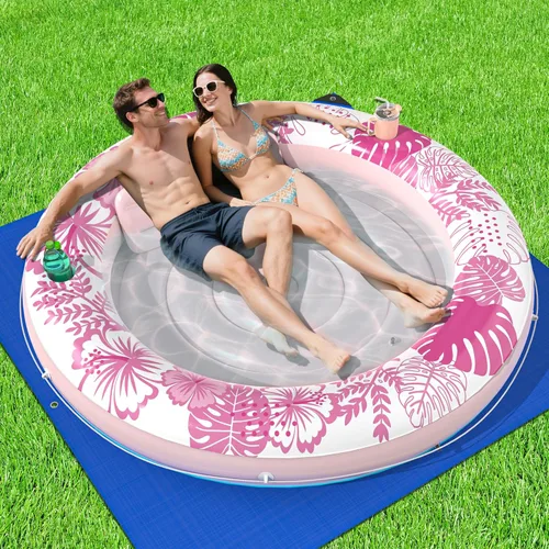 Inflatable Tanning Pool Lounger Float with Protection Tarp, 75" x 75" Pool Floats Adult with Pillow, 6 in 1 Suntan Tub Raft Floatie, Sunbathing Rosa