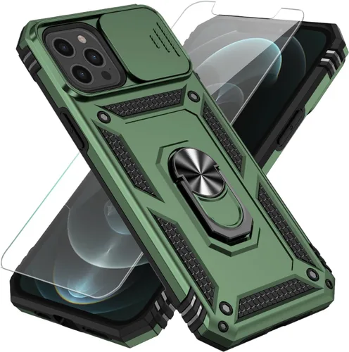 SunStory Funda compatible con iPhone 12 Pro Max con protector de pantalla HD, cubierta de cámara deslizante y soporte de anillo giratorio, [grado