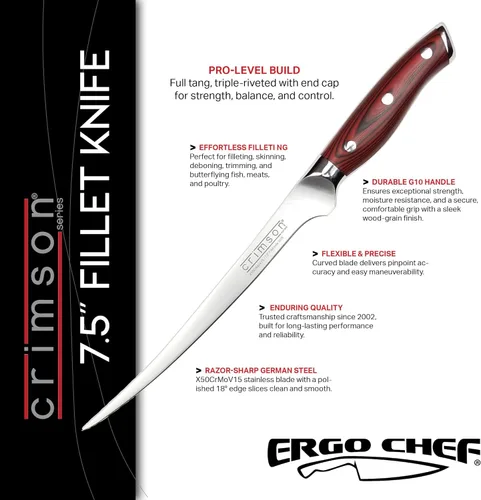 Miniatura 2 de Ergo Chef Crimson Series - Cuchillo de filete flexible curvado de 7.5 pulgadas, hoja de acero inoxidable alemán de alto carbono forjada X50CrMoV15