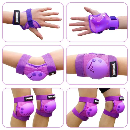 Miniatura 2 de rodilleras para niños/adolescentes, coderas, protectores de muñeca, juego de protección 3 en 1, para niños de 3 a 15 años, patines, ciclismo, Púrpura