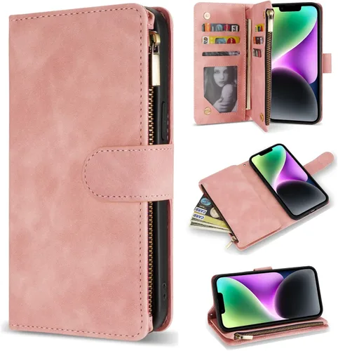 Miniatura 27 de ZZXX Funda tipo cartera para iPhone 14 Plus con [Bloqueo RFID] Ranura para tarjetas Cuero PU suave premium con cremallera tipo folio plegable