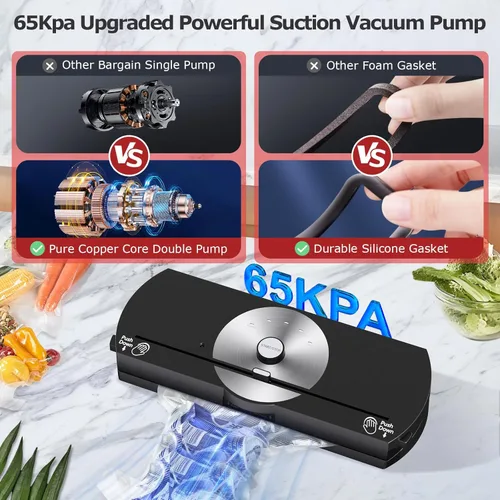 Miniatura 2 de Máquina selladora al vacío para alimentos, 65 KPA potente sellador de alimentos al vacío compacto al vacío con cortador integrado y kit de inicio