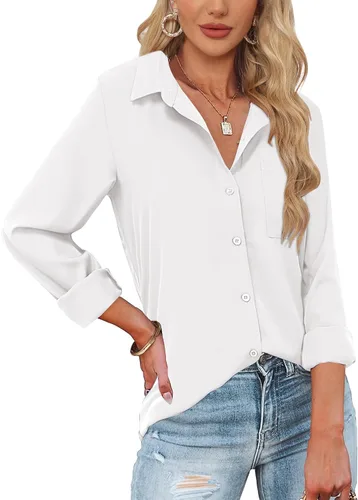 Miniatura 12 de HOTOUCH Camisas de botones de manga larga para mujer, camisas de vestir casuales con cuello en V y cuello, tops para trabajo de oficina, blusa
